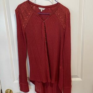 Lucky Brand Red Textured Button-Up Top Henley XS